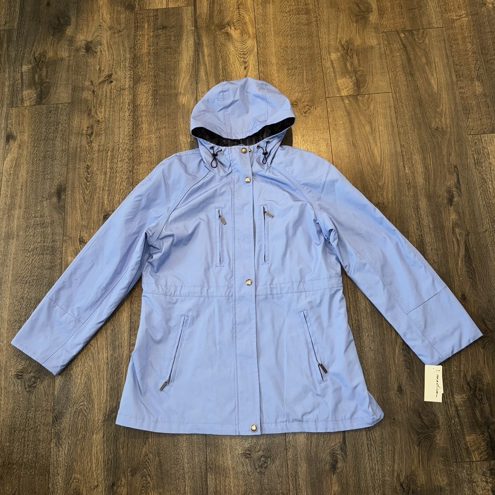Madisan Women's‎ L Raincoat Hooded Jacket Blue Snap Button Zip Up Weatherproof